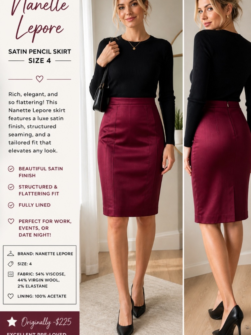 ❤️ Nanette Lepore Burgundy Satin Pencil Skirt – Size 4 ❤️